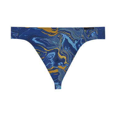 Marbled blue and gold thong on a white background